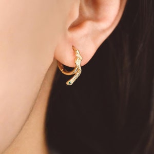 4pcs CZ Pave Snake Hoop Earrings, Gold Huggie Earrings, Serpent Huggie Hoops (GB-3553)