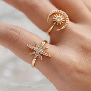 4pcs CZ Pave North Star Ring, Moon Ring, Celestial Ring, Modern Style Ring, Fashion Rings, Dainty Rings, Adjustable Ring (#JZ-024)