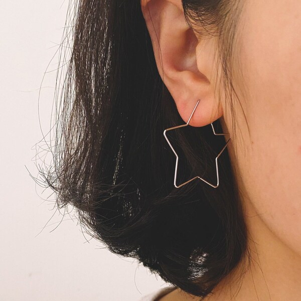 10pcs Silver tone Star Earring Hoops 34mm, Rhodium plated Brass, White Gold Geometric Ear Wire, Threader Earring Components  (GB-700-2)