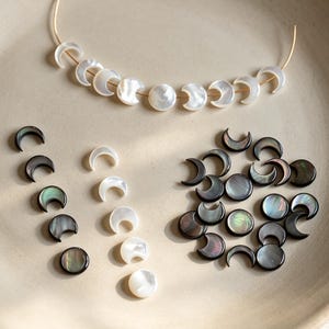 Moon Phase Mother of Pearl Beads, White/ Black MOP Shell Crescent Charms 12mm (BK-035)