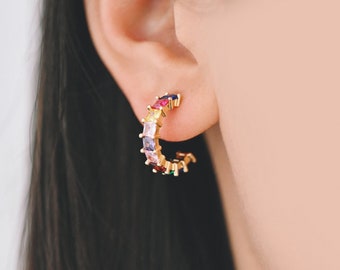 4pcs Gold Colourful CZ Pave Earring Hooks 18mm, 18K Gold plated Brass Earwires (GB-1384)