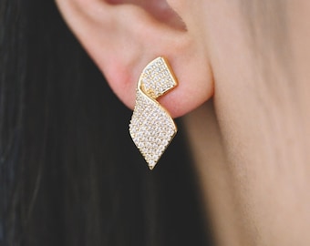 4pcs CZ Pave Gold Ribbon Earrings, 18K Gold plated Brass , Dainty Stud Earrings (#GB-3973)