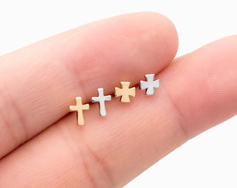 10pcs Gold/ Silver Tone Cross Earrings, Gold/ Rhodium Plated Brass Small Cross Stud Earring (#GB-4742)
