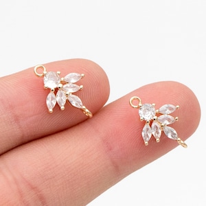 4pcs CZ Pave Flower Connector, 18K Gold plated Brass, Leaf Connector Charms (GB-3670)