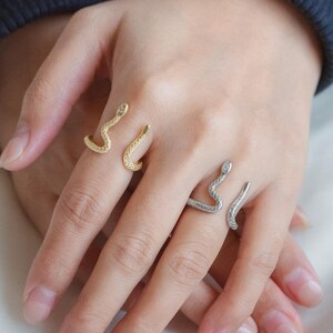 May include: Two snake-shaped rings on a person's fingers. One ring is gold and the other is silver.