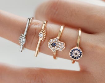 4 anelli con occhio in oro/argento con pavé di zirconi cubici, anello Hamsa, anello sottile, anello di tutti i giorni, anelli alla moda, anelli delicati, anello regolabile (#JZ-026)
