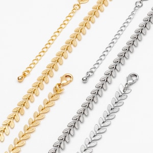 Gold/ Rhodium plated Brass Chevron Leaf Chain 6.3mm, Finished Bracelet/ Anklet/ Necklace with Extender Chain, Ready to Wear (#LK-153-1)