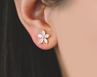 10pcs CZ Pave Flower Ear Posts 12mm, Real Gold Plated Brass Stud Earrings, Sterling Silver Pin (#GB-312)