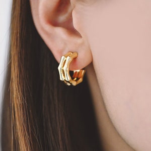 4pcs Gold Double Band Bamboo Earrings, Round Earring Hooks, Circle Hoop Earrings (GB-4362)
