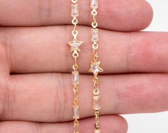 Cubic Zircon Chains, Gold CZ pave Rectangle and Star Bezel Connector Chain, 18K Gold plated Brass Chain (#LK-559)/ 1 Meter=3.3ft