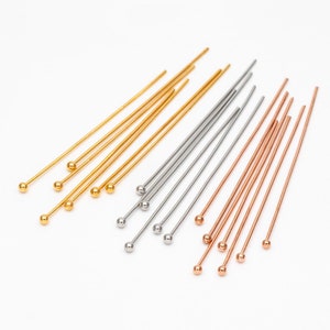 100pcs Gold/ Silver/ Rose Gold Ball Point Headpins, 0.5mm (24 Gauge)/ 0.7mm (21 Gauge), Gold/ Rhodium plated Brass Ball Head Pins (GB-024)