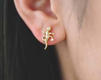 10pcs Gold Gecko Earrings 15x9mm, Gold Plated Brass Lizard Stud Earrings (GB-3998)