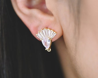 4pcs CZ Pave Gold Fan Shape Earring with Loop, Gold Plated Brass Fan Stud Earrings (#GB-3860)