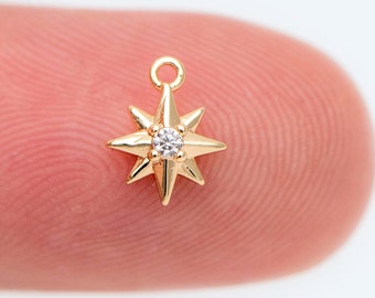 10 mini colgantes de estrella de latón chapado en oro de 18 quilates con circonita cúbica pavé de 6 x 8 mm (GB-924-F)