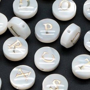 8mm Shell Alphabet Beads, English Letter Beads, Round Coin Letter Charms, Personalized Initial Charms, You Choose Letter (V1404)
