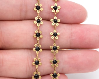 Enamel Flower Chain, Unplated Raw Brass Designer Chain 6mm, Floral Link Chain Findings, Black  (#LK-392-2)/ 1 Meter=3.3ft