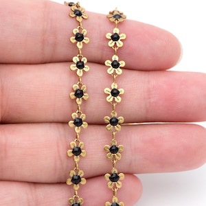 Enamel Flower Chain, Unplated Raw Brass Designer Chain 6mm, Floral Link Chain Findings, Black  (#LK-392-2)/ 1 Meter=3.3ft