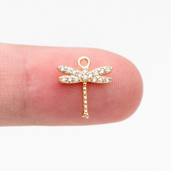 4pcs CZ Pave Dragonfly Charm 12x11mm, 18K Gold Plated Brass, Cute Dragonfly Pendants (GB-3196)