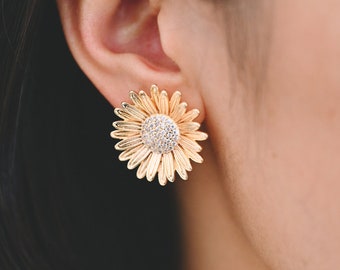 4pcs CZ Pave Gold/ Silver Sunflower Earrings, 25mm, Gold/ Rhodium Plated Brass Flower Stud Earrings (GB-4204)