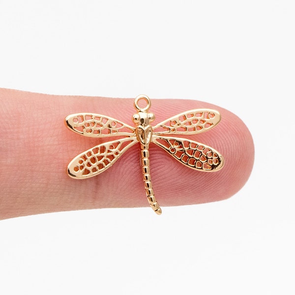 10pcs Gold/ Silver Dragonfly Charm 15x22mm, 18K Gold/ Rhodium Plated Brass, Cute Dragonfly Pendants (GB-3915)