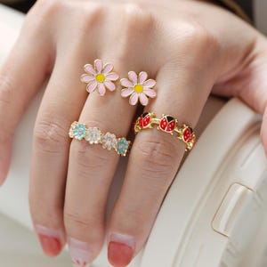 4pcs Gold/ Silver Tone Enamel Ring, Ladybug Ring, Daisy Ring, Everyday Ring, Dainty Rings, Adjustable Ring (#JZ-033)