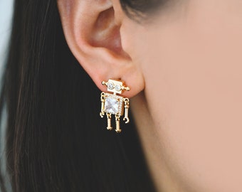 4pcs CZ Pave Gold Robot Earrings 22x14mm, Gold Plated Brass, Dainty Robot Stud Earrings (GB-4078)