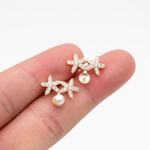 4pcs Gold CZ Pave Flower Earring, Star Earring, Pearl Peg Earring Mounts,Half Drilled Pearl Post Earring Settings (#GB-4276)