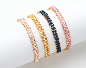Sparkly Rhinestone Bracelet, Crystal Glass Tennis Bracelets with Box Chain, Gold/ Rhodium plated Adjustable Bracelet (GB-3878)