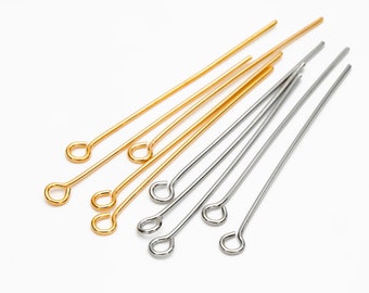 100pcs Gold/ Silver Eye Pins 40mm, Gold/ Rhodium plated Brass Eyepins, 0.7mm/ 21 Gauge (GB-026)