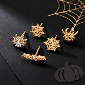 10 stuks goud/zilveren spinvleermuis oorbellen, goud/gerhodineerd messing halloween-oorbellen (GB-4110)