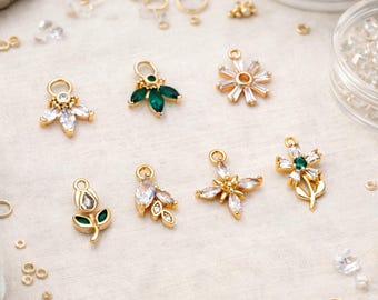 4pcs CZ Pave Gold Flower Leaf Charms, 18K Gold plated Brass, Dainty Earring Pendants (GB-4130)