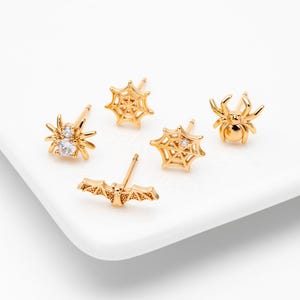 10pcs Gold/ Silver Spider Bat Earrings, Gold/ Rhodium Plated Brass Halloween Stud Earrings (GB-4110)