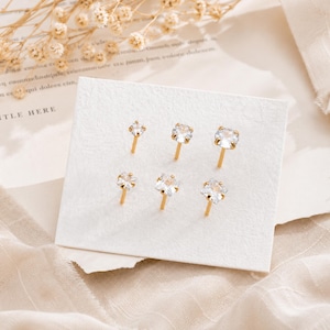 10pcs Micro Pave CZ Round/ Square Ear Posts, Real Gold Plated Brass Geometric Earring Studs (GB-3014)