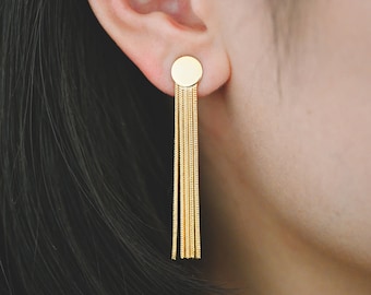 4pcs Gold Round Disc Tassel Earring Posts 51mm, 18K Gold plated Brass Dangling Stud Earring (GB-3484)