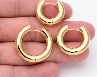 4pcs Gold Huggie Earrings, 5mm Thick by 20/ 22/ 24/ 26mm, Chunky Hoop Huggies, Gold plated Stainless Steel, Minimalist Earrings (GB-1484)