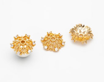 10pcs Gold Micro CZ Pave Bead Caps 11mm , Gold plated Brass Flower Cap Ends, Lead Nickel Free (GB-091)