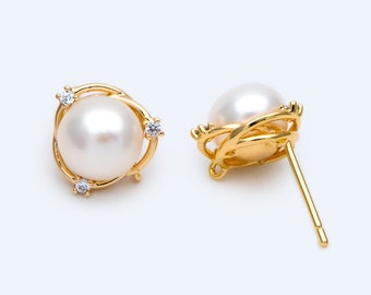 1 pair, Natural Pearl Stud Earrings,  18K Gold plated Brass Ear Posts, 8mm Freshwater Pearls, CZ pave Earring (#PL-55)