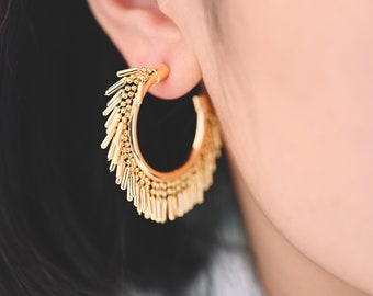 4pcs Gold Tassel Hoop Stud Earrings 40mm, Gold Plated Brass, Round Circle Earrings (#GB-3804)