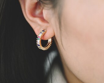 4pcs Gold Colourful CZ Pave Earring Studs, 20mm, 18K Gold Plated Brass Ear Posts (GB-1382)
