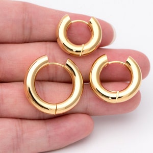 4pcs Gold Huggie Earrings, 5mm Thick by 20/ 22/ 24/ 26mm, Chunky Hoop Huggies, Gold plated Stainless Steel, Minimalist Earrings (GB-1484)