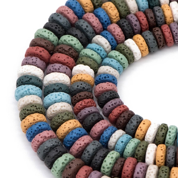 Volcanic Stone Rondelle Beads 8/ 10mm, Natural Lava Coin Beads Wholesale, Rainbow Mix Color (#V6098)