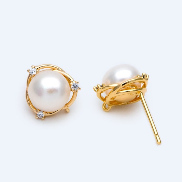 1 pair, Natural Pearl Stud Earrings,  18K Gold plated Brass Ear Posts, 8mm Freshwater Pearls, CZ pave Earring (#PL-55)