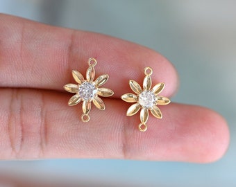 10pcs CZ Pave Gold Flower Charms 12x15mm, 18K Gold plated Brass, Floral Connector Pendants  (GB-3780-I)