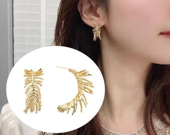 4pcs Gold Feather Earring, Leaf Hoop Earring,  Metal Statement Earring, Modern Metal Earring, Gift For Her, Minimalist Earring (GB-2827)