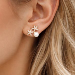 4pcs Gold CZ Pave Flower Glass Pearl Earring, Star Earring (#GB-4276)