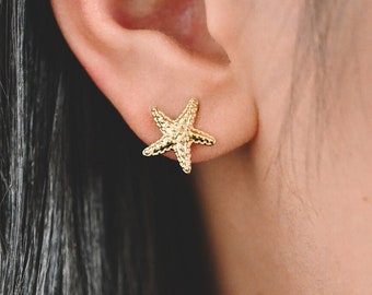 10pcs Starfish Ear Post with Loop, Real Gold Plated Brass Star Stud Earrings (#GB-2189)