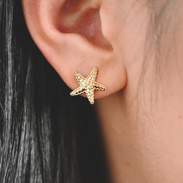 10pcs Starfish Ear Post with Loop, Real Gold Plated Brass Star Stud Earrings (#GB-2189)