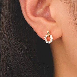 4pcs CZ Pave Round Ear Posts 11x8mm, Gold Plated Brass Circle Stud Earrings (#GB-3445)