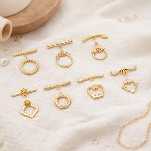 10 sets Gold Toggle Clasp, Real Gold plated Brass, Easy Close Clasp (GB-2563)
