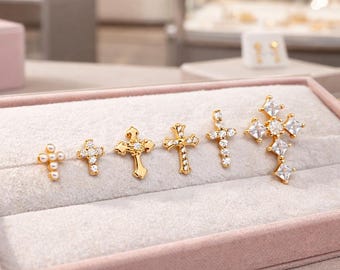4pcs CZ Pave Gold Cross Earrings, Gold Plated Brass Dainty Cross Stud Earring (#GB-3637)